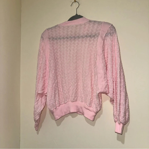 Women’s Vintage Retro Coquette  Singe Stitch Pink Eyelet Long Sleeve Sheer Top - Picture 10 of 14